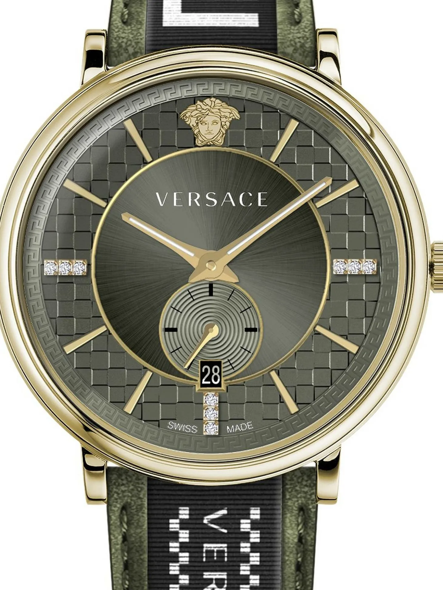 Versace Herren Armbanduhr V-circle 42 mm Multifunktionszifferblatt mit Datumsfenster Armband Leder, Stoff VEBQ02119
