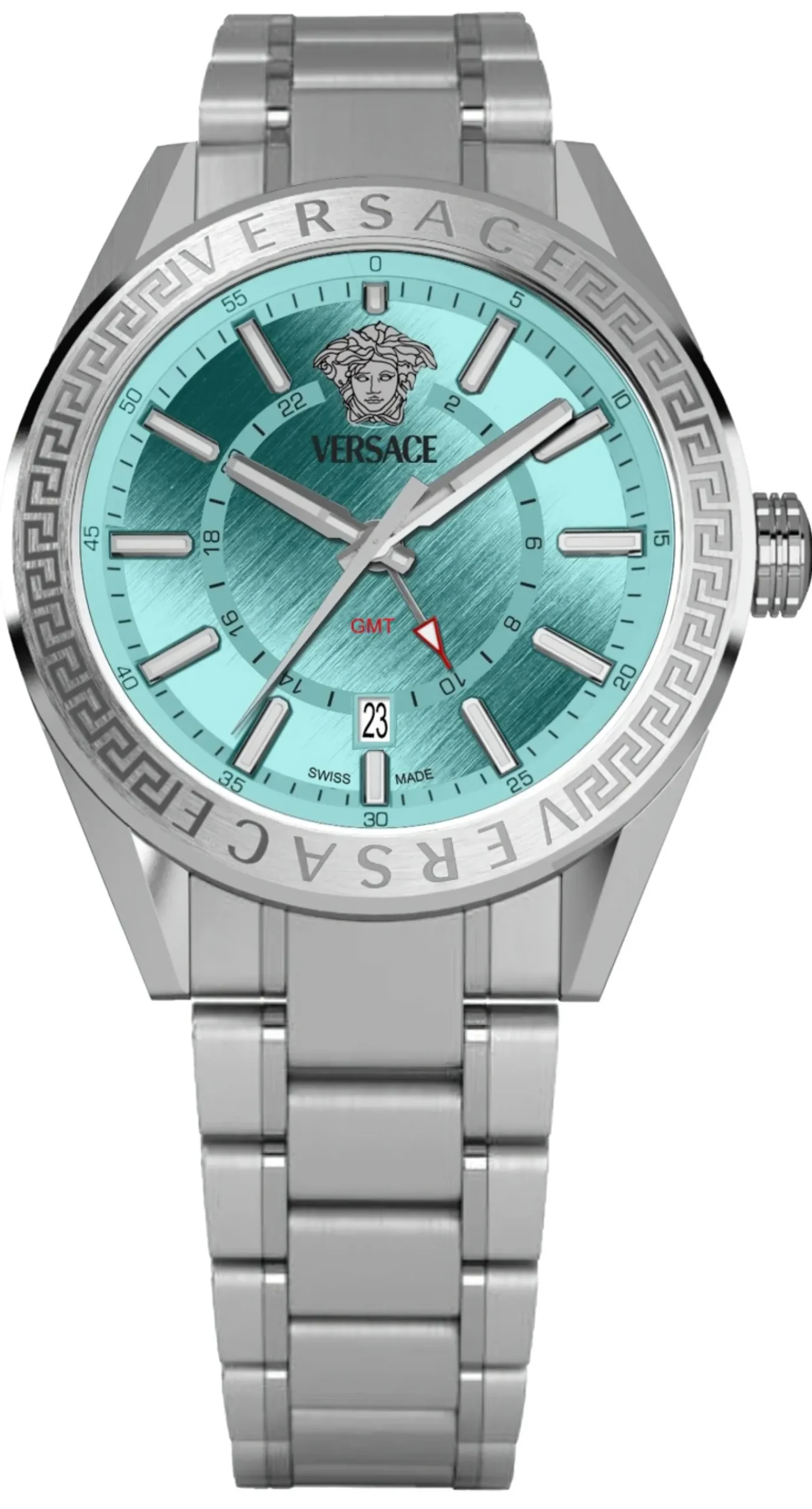 Versace Herren Armbanduhr V-Code GMT 42 mm Edelstahlgehäuse - hellblaues Ziffernblatt - Edelstahlarmband VEAFA0324