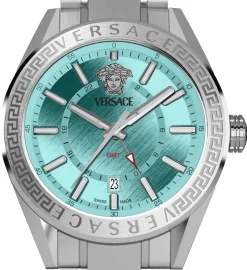 Versace Herren Armbanduhr V-Code GMT 42 mm Edelstahlgehäuse - hellblaues Ziffernblatt - Edelstahlarmband VEAFA0324