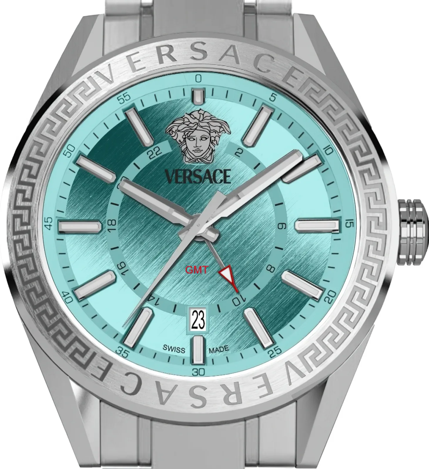 Versace Herren Armbanduhr V-Code GMT 42 mm Edelstahlgehäuse - hellblaues Ziffernblatt - Edelstahlarmband VEAFA0324