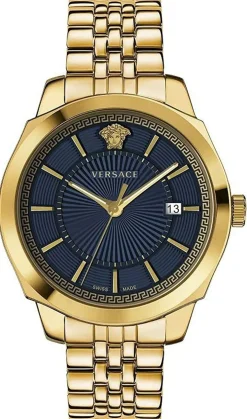 Versace Icon Classic Herrenuhr Gold Stahlarmband Gehäuse Blaues Zifferblatt 42mm VEV900619