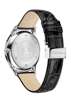 Versace Univers Herrenuhr Schwarz Leder Silber Edelstahl GMT 43mm VEBK00918