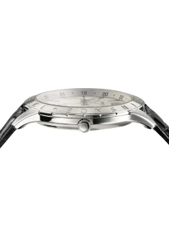 Versace Univers Herrenuhr Schwarz Leder Silber Edelstahl GMT 43mm VEBK00918