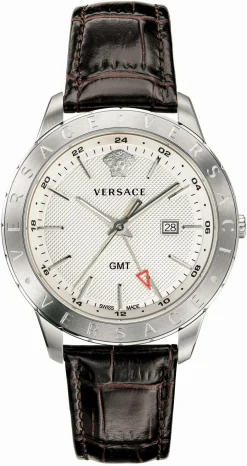 Versace Univers Herrenuhr Braun Leder Silber Stahl GMT 43mm VEBK00118