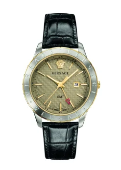 Versace Univers Herrenuhr Schwarzes Leder Gold Silber Stahl GMT 43mm VEBK00218