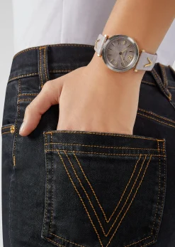 Versace V-Twist Damenuhr Hellrosa Leder Silber Gold Stahl 36mm VELS00219
